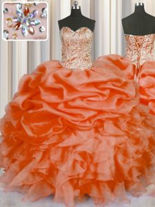 Romantic Pick Ups Ball Gowns Vestidos de Quinceanera Orange Red Sweetheart Organza Sleeveless Floor Length Lace Up