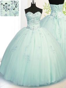 Tulle Sleeveless Floor Length Sweet 16 Dress and Beading and Appliques