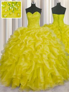 Best Selling Sleeveless Lace Up Floor Length Beading and Ruffles Quinceanera Gowns