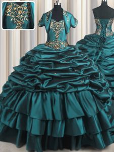 On Sale Sweetheart Sleeveless Taffeta 15 Quinceanera Dress Beading and Appliques and Pick Ups Brush Train Lace Up