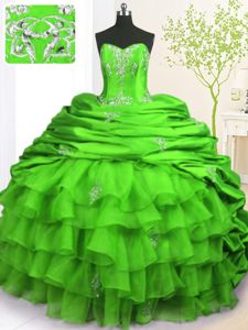 Sleeveless Organza and Taffeta With Brush Train Lace Up 15 Quinceanera Dress in Green for with Beading and Appliques and Ruffled Layers and Pick Ups