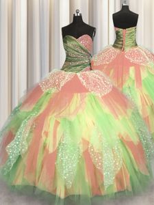 Sumptuous Sleeveless Beading and Ruching Lace Up Quinceanera Dresses