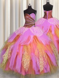 Multi-color Ball Gowns Sweetheart Sleeveless Tulle Floor Length Lace Up Beading and Ruching Sweet 16 Dresses