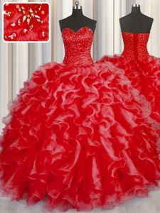 Deluxe Floor Length Coral Red Quince Ball Gowns Halter Top Sleeveless Lace Up