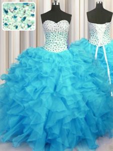 Traditional Floor Length Baby Blue Quinceanera Gowns Sweetheart Sleeveless Lace Up