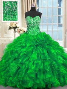 Latest Green Ball Gowns Beading and Ruffles Quinceanera Gowns Lace Up Organza Sleeveless