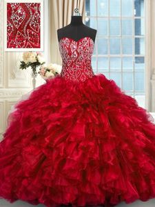 Decent Red Organza Lace Up 15th Birthday Dress Sleeveless Brush Train Beading and Ruffles