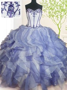 Sleeveless Organza Floor Length Lace Up Court Dresses for Sweet 16 in Blue And White for with Beading and Ruffles