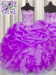 Customized Purple Organza Lace Up Sweetheart Sleeveless Floor Length Ball Gown Prom Dress Beading and Ruffles and Pick Ups