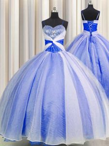 Sumptuous Blue And White Spaghetti Straps Neckline Beading and Sequins and Ruching Sweet 16 Dresses Sleeveless Lace Up