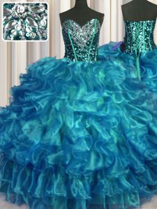 Teal Lace Up Quinceanera Gown Beading and Ruffles Sleeveless Floor Length