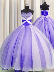 Dramatic Sequins Ball Gowns 15th Birthday Dress Lavender Spaghetti Straps Organza Sleeveless Floor Length Lace Up