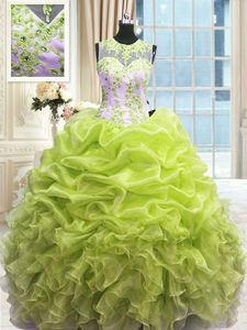 Simple Scoop Yellow Green Sleeveless Beading and Ruffles Floor Length 15th Birthday Dress