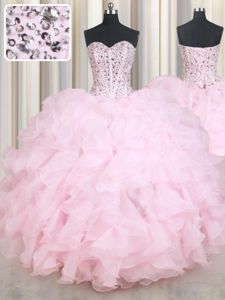 Enchanting Baby Pink Organza Lace Up Sweetheart Sleeveless Floor Length 15 Quinceanera Dress Beading and Ruffles