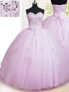 Attractive Lilac Sleeveless Floor Length Beading and Appliques Lace Up Ball Gown Prom Dress