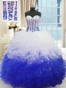 Super Organza Sweetheart Sleeveless Lace Up Beading and Ruffles Dama Dress in Blue And White