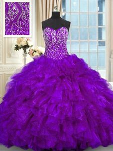 Orange Lace Up 15th Birthday Dress Beading and Ruffles and Pick Ups Sleeveless Floor Length