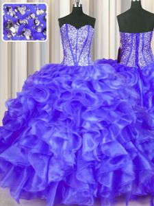 Dazzling Sleeveless Organza Floor Length Lace Up 15 Quinceanera Dress in Purple for with Beading and Ruffles