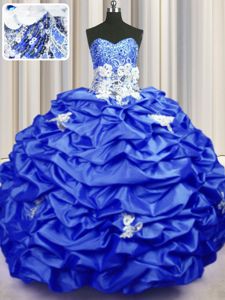 Royal Blue Ball Gowns Sweetheart Sleeveless Taffeta With Brush Train Lace Up Appliques and Sequins and Pick Ups 15 Quinceanera Dress