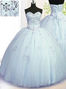 Light Blue Ball Gowns Tulle Sweetheart Sleeveless Beading and Appliques Floor Length Lace Up 15th Birthday Dress