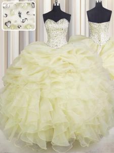 Sexy Light Yellow Lace Up Sweet 16 Dresses Beading and Ruffles Sleeveless Floor Length