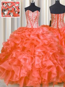 Noble Red Ball Gowns Organza Sweetheart Sleeveless Beading and Ruffles Floor Length Lace Up Sweet 16 Quinceanera Dress