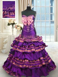 Sleeveless Brush Train Appliques and Ruffled Layers and Bowknot Lace Up Ball Gown Prom Dress