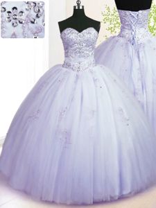 Customized Lavender Lace Up Sweetheart Beading and Appliques Quinceanera Dress Tulle Sleeveless