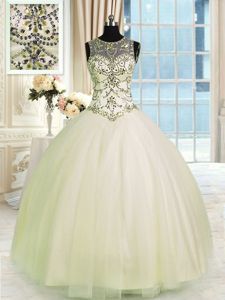 Modest Scoop Champagne Sleeveless Floor Length Beading Lace Up Sweet 16 Dress