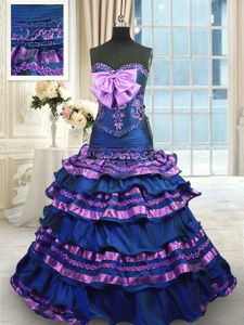 Sumptuous Navy Blue A-line Taffeta Sweetheart Sleeveless Appliques and Ruffled Layers and Bowknot Lace Up Sweet 16 Dress Brush Train