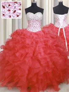 Modern Watermelon Red Sleeveless Floor Length Beading and Ruffles Lace Up Ball Gown Prom Dress