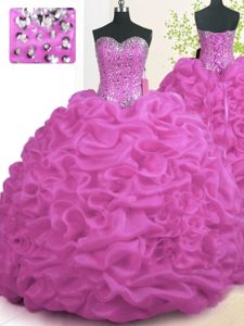 Fuchsia Lace Up Sweet 16 Dresses Beading and Ruffles Sleeveless With Brush Train