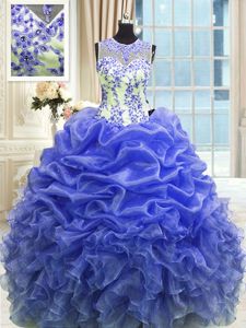 Beautiful Blue Quince Ball Gowns Military Ball and Sweet 16 and Quinceanera and For with Beading and Ruffles Scoop Sleeveless Zipper