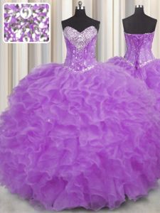 Deluxe Purple Halter Top Neckline Beading and Ruffles Quinceanera Dress Sleeveless Lace Up