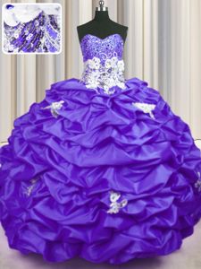 Flirting Sequins Pick Ups Purple Sleeveless Taffeta Brush Train Lace Up Quince Ball Gowns for Military Ball and Sweet 16 and Quinceanera