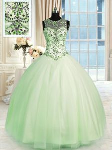 Comfortable Apple Green Ball Gown Prom Dress Military Ball and Sweet 16 and Quinceanera and For with Beading Scoop Sleeveless Lace Up