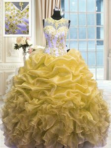 Chic Scoop Sleeveless Zipper Quinceanera Court of Honor Dress Gold Organza