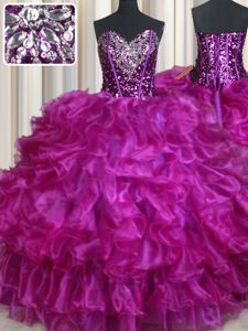 Adorable Sweetheart Sleeveless 15 Quinceanera Dress Floor Length Beading and Ruffles Fuchsia Organza