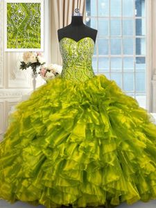 Organza Sweetheart Sleeveless Brush Train Lace Up Beading and Ruffles Sweet 16 Dress in Olive Green