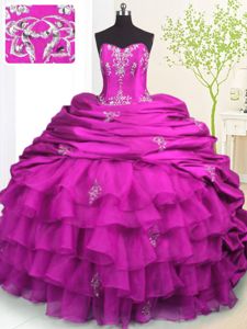 Beading and Appliques and Ruffled Layers and Pick Ups Vestidos de Quinceanera Fuchsia Lace Up Sleeveless With Brush Train