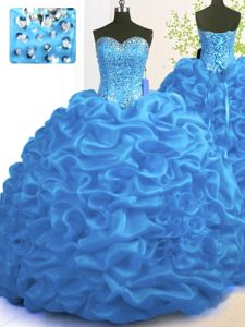 Blue Ball Gowns Organza Sweetheart Sleeveless Beading and Ruffles With Train Lace Up 15 Quinceanera Dress Brush Train