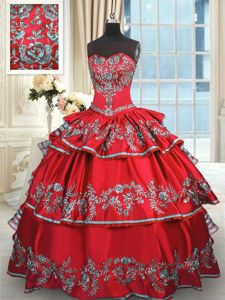 Ruffled Floor Length Red Quinceanera Gown Sweetheart Sleeveless Lace Up