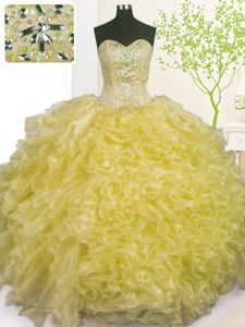 Fantastic Light Yellow Ball Gowns Organza Sweetheart Sleeveless Beading and Ruffles and Pick Ups Floor Length Lace Up 15 Quinceanera Dress