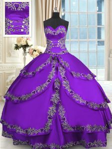 Sleeveless Floor Length Beading and Appliques and Ruffled Layers Lace Up Sweet 16 Dresses with Purple