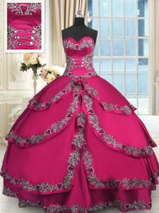 High Class Wine Red Taffeta Lace Up Sweetheart Sleeveless Floor Length 15th Birthday Dress Beading and Embroidery and Ruffled Layers