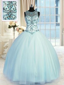 Scoop Light Blue Sleeveless Floor Length Beading Lace Up Quinceanera Gown