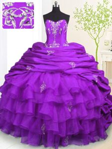 Purple Organza and Taffeta Lace Up Strapless Sleeveless With Train 15th Birthday Dress Brush Train Beading and Appliques and Ruffled Layers and Pick Ups