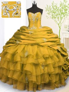 Glittering Sleeveless Brush Train Lace Up With Train Beading and Appliques and Ruffled Layers and Pick Ups Ball Gown Prom Dress