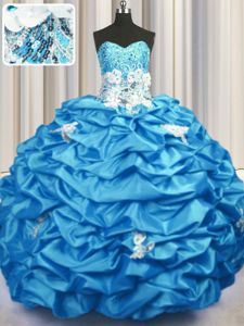 Affordable Sweetheart Sleeveless Vestidos de Quinceanera With Brush Train Appliques and Sequins and Pick Ups Aqua Blue Taffeta