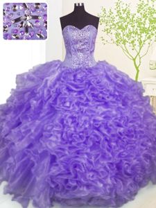 Floor Length Lavender Quinceanera Dress Organza Sleeveless Beading and Ruffles and Pick Ups